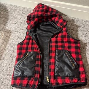 Red and Black Plaid Women's Vest with Hood